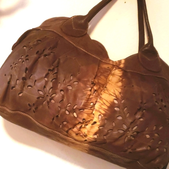 CATERINA LUCCHI-Brn/Ivory Leather Tie Dye Satchel w/ Tassel-NEW - Picture 4 of 15